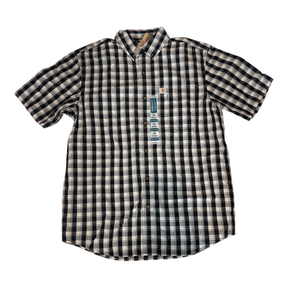 Carhartt 104174 N04 Relaxed Fit Black Plaid Button Down Short Sleeve M READ (B)